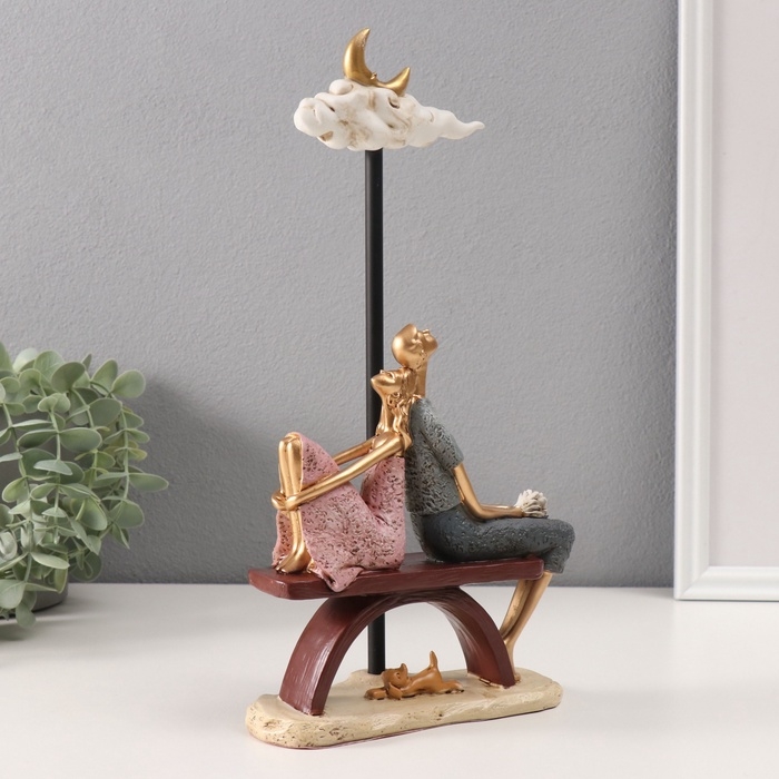 Сувенир полистоун "Пара с собачкой под тучей с месяцем" розово-голубой 7х16х31 см