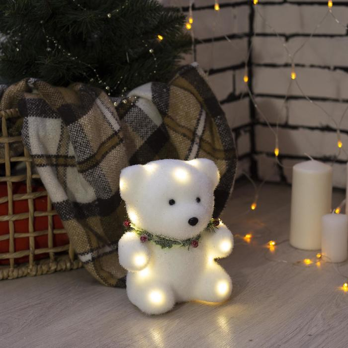 Светодиодная фигура &laquo;Мишка&raquo; 15 &times; 16 &times; 12 см, флок, батарейки CR2032х2 (в комплекте), свечение тёплое белое