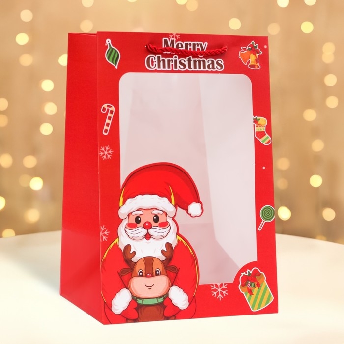 Пакет подарочный новогодний с окном Пакет подарочный новогодний с окном "Дед мороз" 30 х 20 х 16 см.
