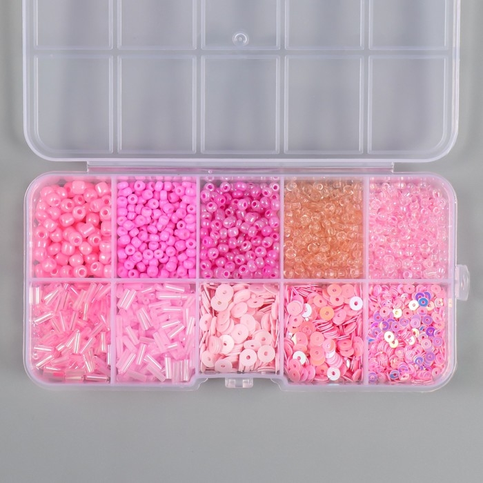 Бисер стекло 6/0, 12/0 в шкатулке "Розовый" стеклярус и пайетки 12,5х6,5х2 см