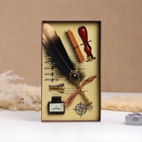 Набор подарочный 5в1 "Силенция": перьевая ручка черная с золотом, чернила, печать, воск