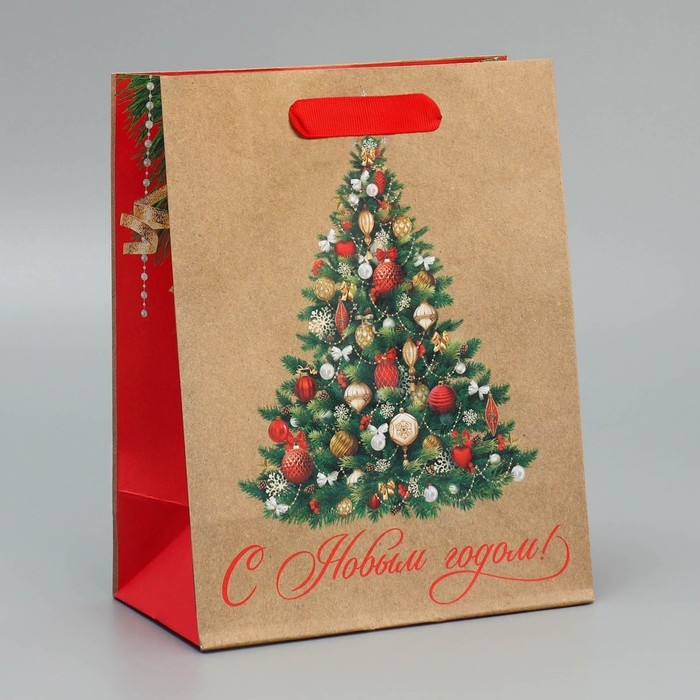 Пакет подарочный новогодний крафтовый вертикальный &laquo;Ёлочка&raquo;, MS 18 х 23 х 10 см, Новый год
