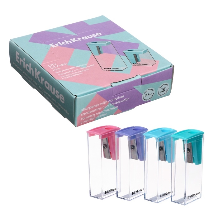 Точилка 1 отверстие ErichKrause Точилка 1 отверстие ErichKrause "City" Pastel, с контейнером, пластиковая, МИКС