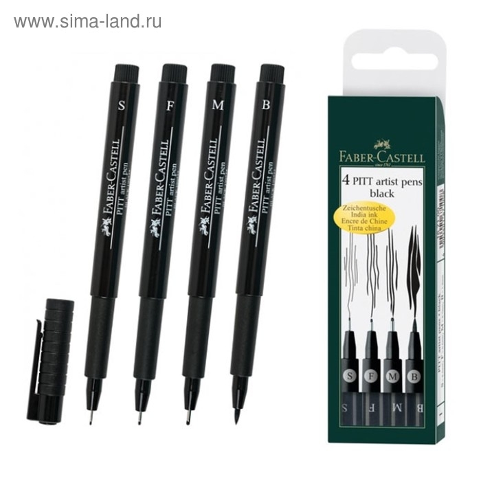 Набор ручек капиллярных 4 штуки (линеры S, F, M; кисть B), Faber-Castell PITT&reg; Artist Pen, цвет черный