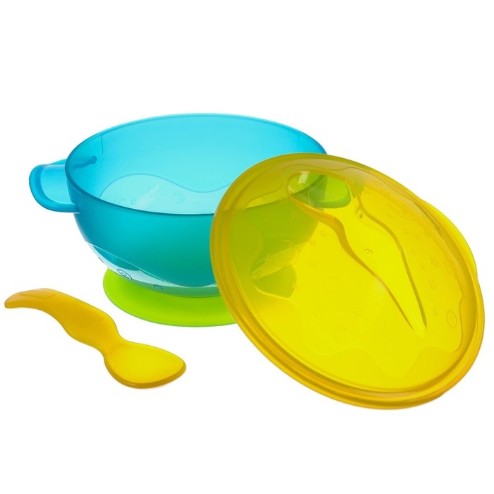 Набор для кормления: миска на присоске с крышкой, ложка, цвет бирюзовый