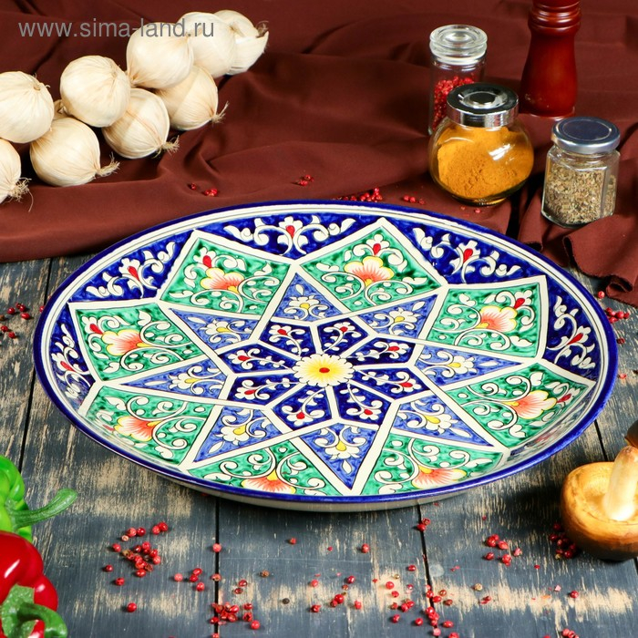Ляган круглый «Риштан», 36 см, зелёный, орнамент бело-синий Ляган круглый «Риштан», 36 см, зелёный, орнамент бело-синий
