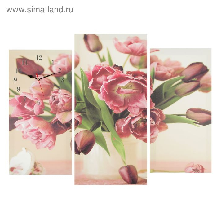 Часы-картина настенные, модульные Часы-картина настенные, модульные "Цветы в вазе", бесшумные, 60 х 80 см, триптих