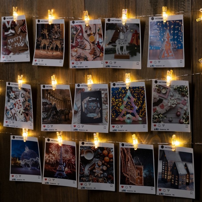 Гирлянда &laquo;Нить&raquo; 2 м роса с насадками &laquo;Прищепки&raquo;, IP20, серебристая нить, 20 LED, свечение тёплое белое, ААх2