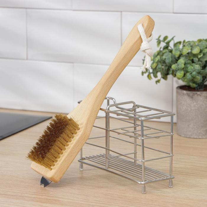 Щётка для гриля, 28&times;6&times;1,6 см, бук, латунный ворс, 77 пучков, скребок из нержавеющей стали