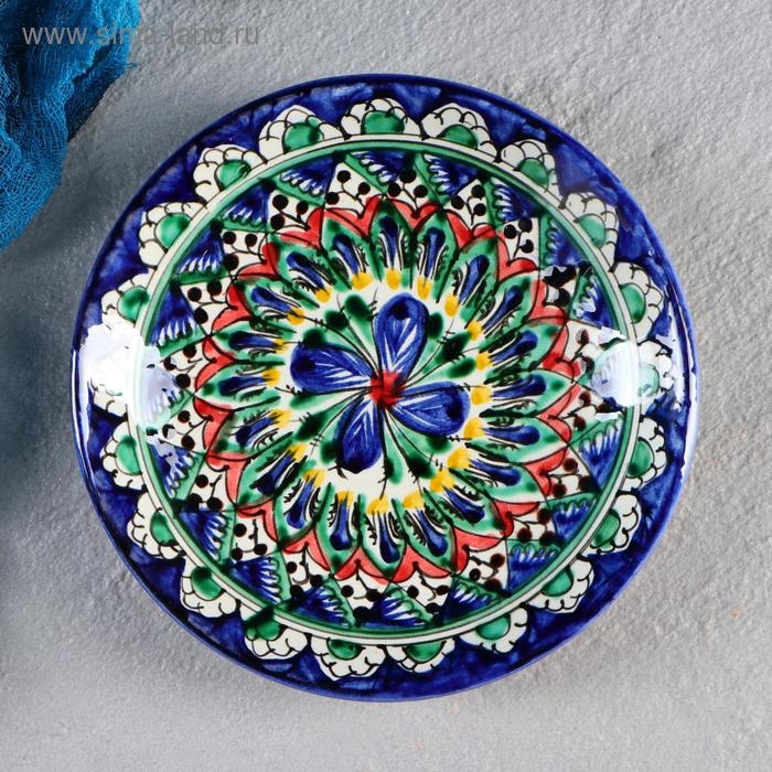 Тарелка Риштанская Керамика "Цветы", синяя, плоская, 15 см, микс