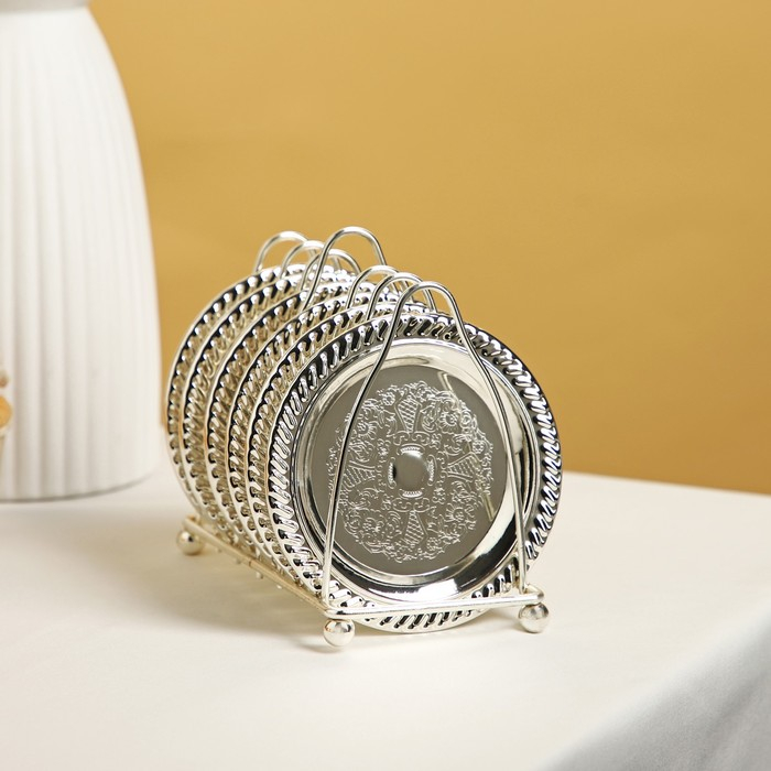 Набор блюдец «Серебро», 14×10×12 см, с подставкой, 6 шт, цвет серебряный Набор блюдец «Серебро», 14×10×12 см, с подставкой, 6 шт, цвет серебряный