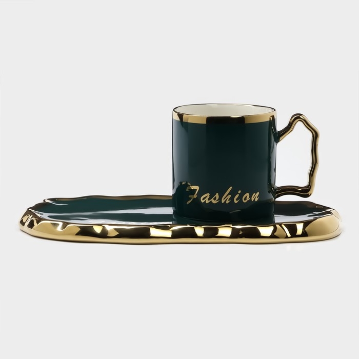 Чайная пара керамическая &laquo;Роскошь&raquo;, 3 предмета: кружка 250 мл, блюдце 23,5&times;13 см, ложка, цвет зелёный