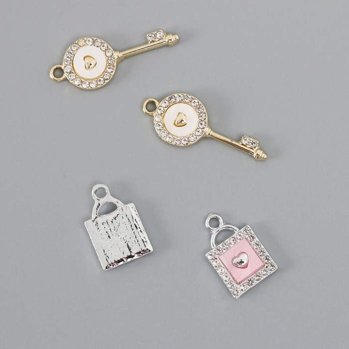 Декор для творчества металл, стразы Декор для творчества металл, стразы "Ключик и замочек с сердцем" набор 2 шт 2,2х1,2 см