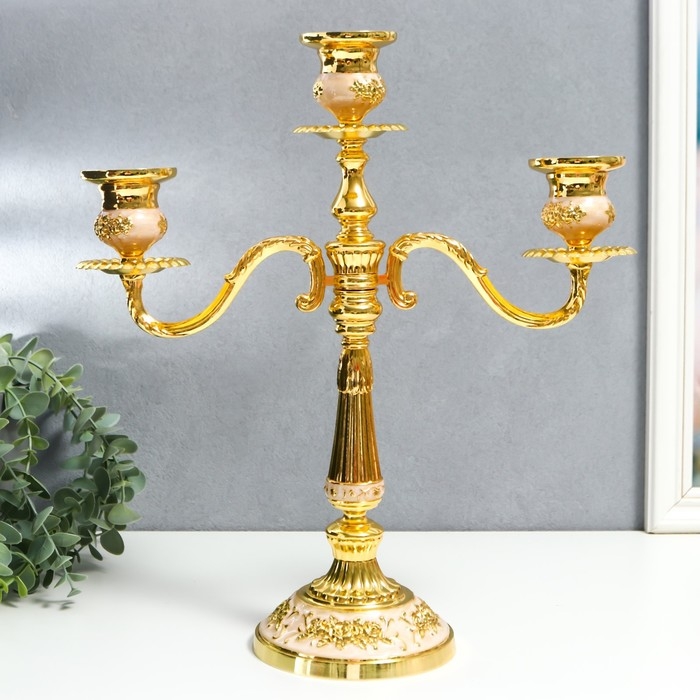 Подсвечник металл на 3 свечи "Розарий" золото, белая эмаль 36,5х31,5х12 см