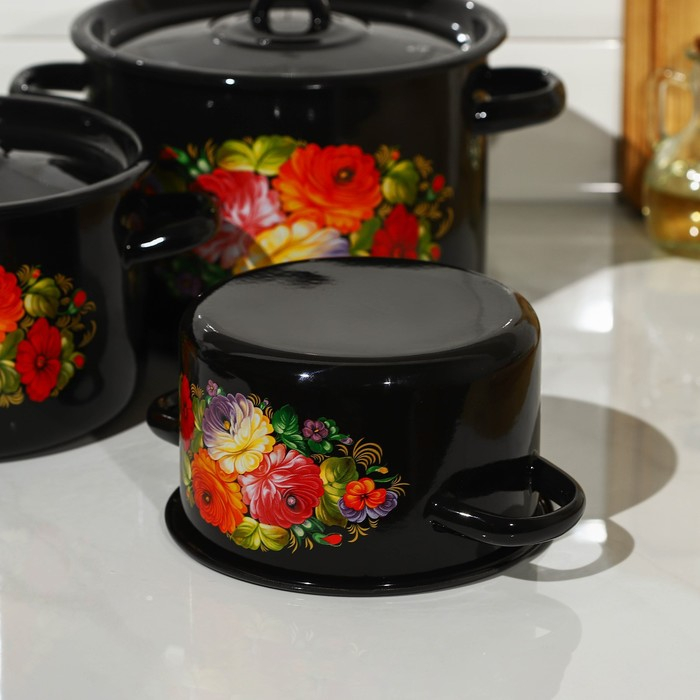 Набор кастрюль &laquo;Жостово&raquo;, 3 предмета: 1,5 л, 2,9 л, 4,5 л, эмалированные крышки, индукция