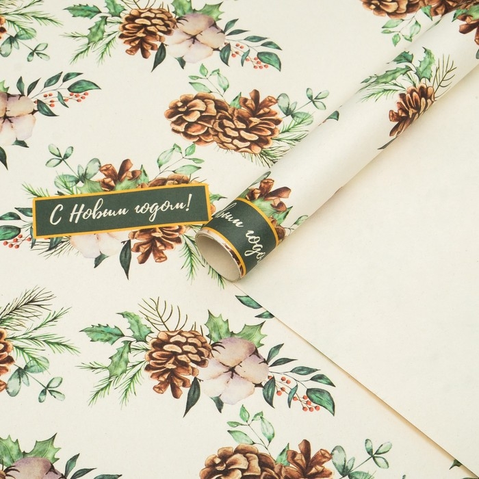 Новый год. Бумага упаковочная крафт "Шишки",1 лист , 70 х 100 см