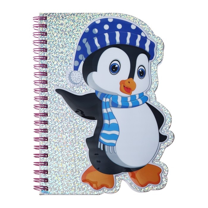 Блокнот фигурный 48 листов, А6, линия, на гребне, голография, объемная аппликация "Зверушки", МИКС