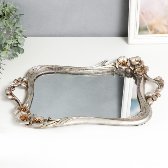 Подставка интерьерная полистоун с зеркалом Подставка интерьерная полистоун с зеркалом "Цветы" прямоугольная, серебро 4,5х28х45 см