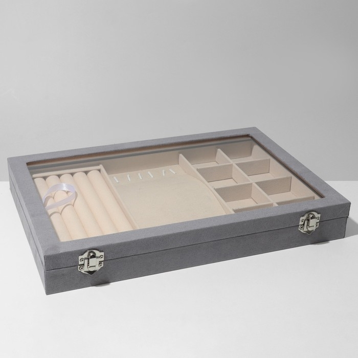 Подставка для украшений &laquo;Шкатулка&raquo; 5 рядов, 6 крючков, 8 ячеек, флок, 35&times;24,5&times;5, цвет серо-бежевый