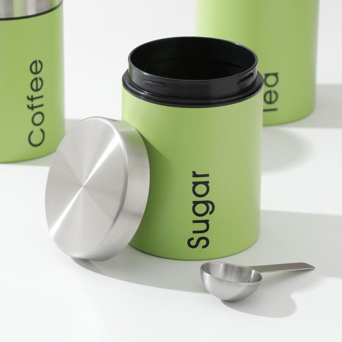 Набор банок для сыпучих продуктов Prime, 3 шт, с ложками, с хлебницей, цвет салатовый Набор банок для сыпучих продуктов Prime, 3 шт, с ложками, с хлебницей, цвет салатовый