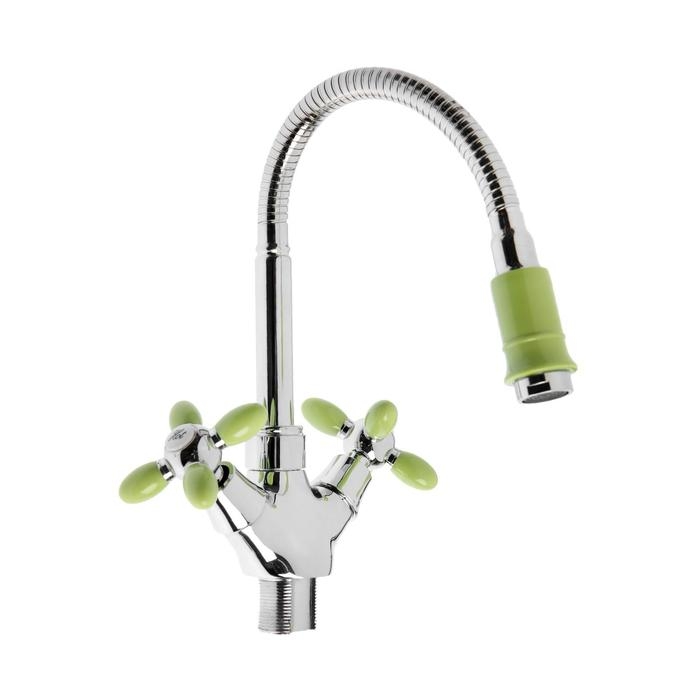 Cмеситель для кухни Cмеситель для кухни "Эверест" B58-071E, двухвентильный, высокий излив, на гайке,хром/зеленый