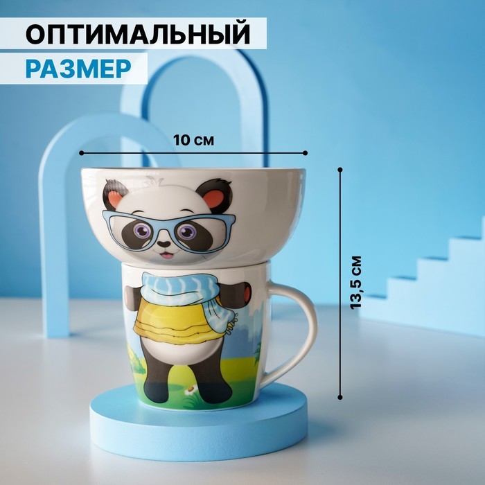Набор детской посуды из керамики Доляна &laquo;Панда&raquo;, 2 предмета: кружка 230 мл, миска 400 мл, цвет белый