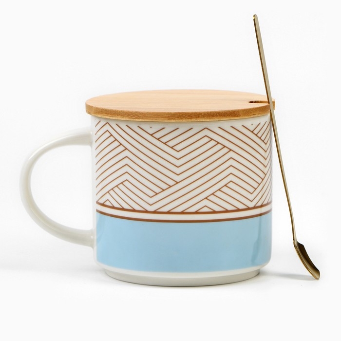 Кружка керамическая с крышкой и ложкой &laquo;Геометрия&raquo;, 470 мл, цвет бежевый