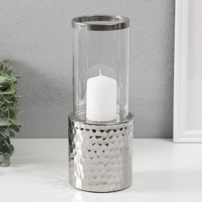 Подсвечник керамика, стекло на 1 свечу "Нуар. Цилиндр" d=7,5 см серебро 9х9х24 см