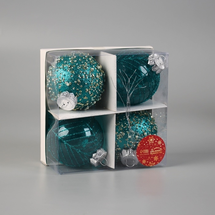 Набор шаров пластик d-8 см, 4 шт "Аустен" паутинка, бирюзовый