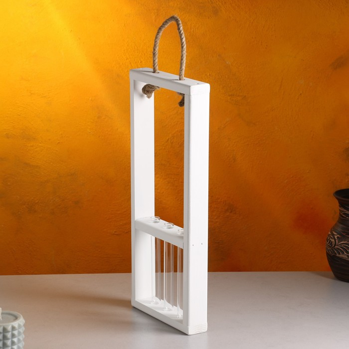 Кашпо деревянное 18&times;5&times;40 см с 3 колбами 15 см "Рамка Экстра", ручка, белый Дарим Красиво