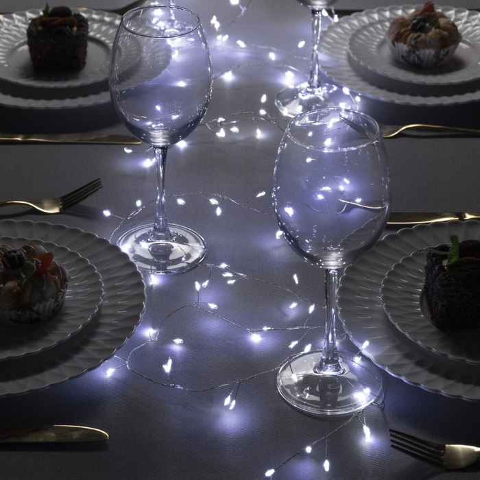 Гирлянда &laquo;Мишура&raquo; 5 м роса, IP20, серебристая нить, 200 LED, свечение белое, 12 В