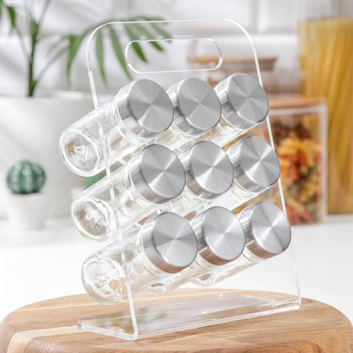 Набор для специй из стекла на подставке &laquo;Хай-тек&raquo;, 19&times;16 см, 90 мл, 4&times;9,5 см, 9 шт