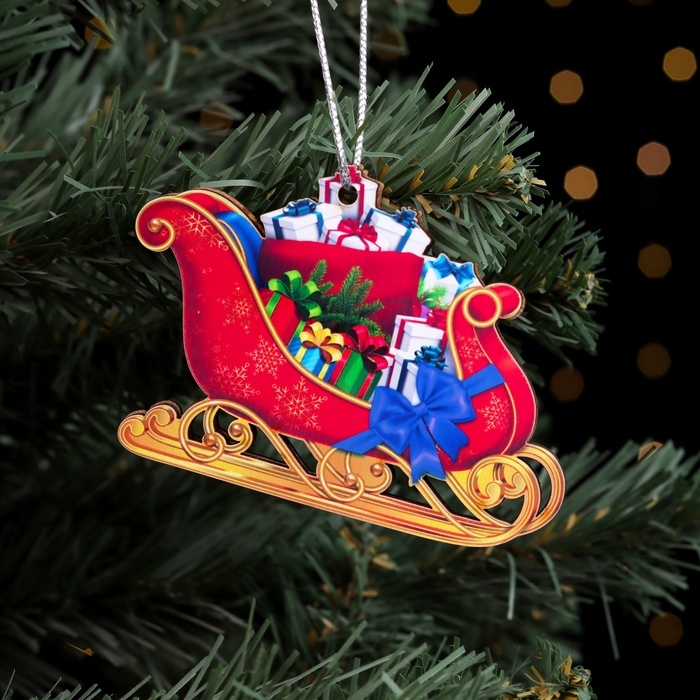 Ёлочная игрушка двусторонняя "Сани с подарком", 9х6 см
