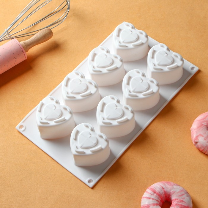 Форма для муссовых десертов Доляна &laquo;Сердце&raquo;, силикон, 29&times;17&times;4,3 см, 8 ячеек (5,5&times;6,2&times;3,5 см), цвет белый