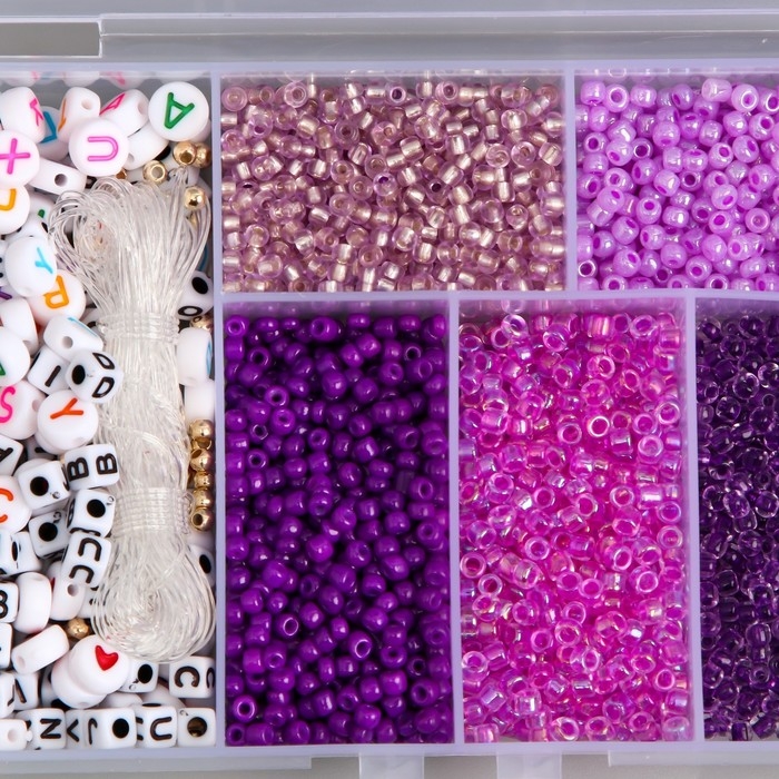 Бисер стекло 8/0 в шкатулке "Фиолетовый" бусины + нить 0,8 мм 5 м 12х8,4х2,2 см