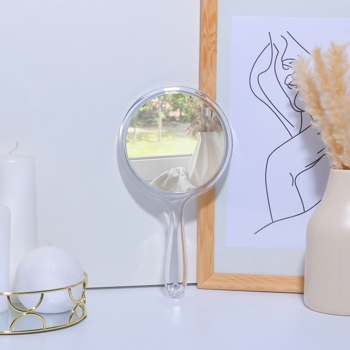 Зеркало с ручкой, двустороннее, с увеличением, d зеркальной поверхности 12,5 см, цвет прозрачный Зеркало с ручкой, двустороннее, с увеличением, d зеркальной поверхности 12,5 см, цвет прозрачный