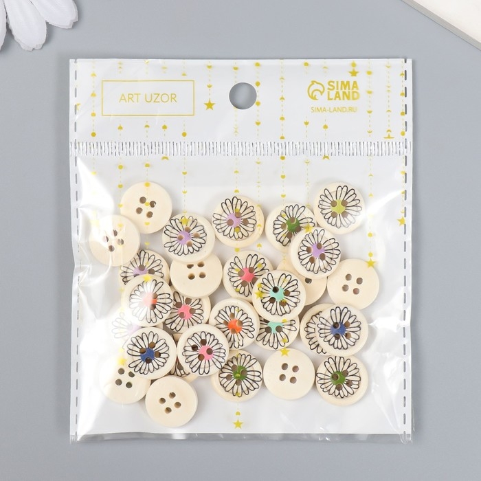 Пуговицы дерево для творчества 4 прокола "Ромашка с яркой серединой" н-р 30шт 1,5х1,5х0,3 см