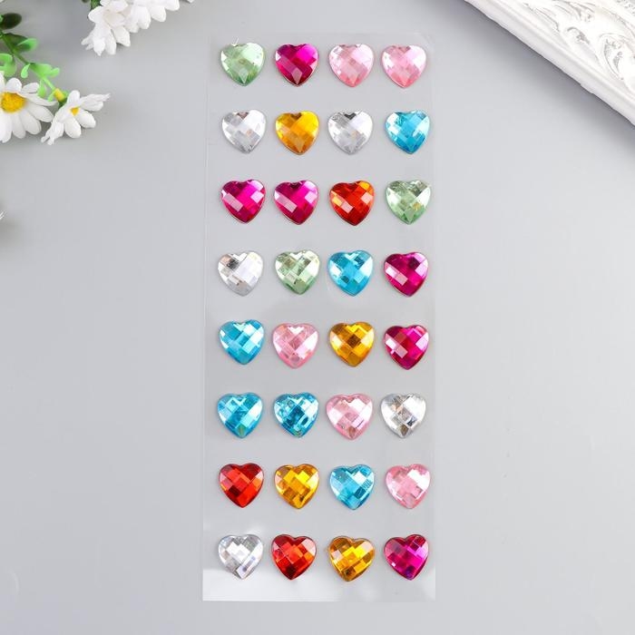 Наклейка пластик стразы Наклейка пластик стразы "Сердечки разноцветные кристаллы" МИКС 32х10,5 см