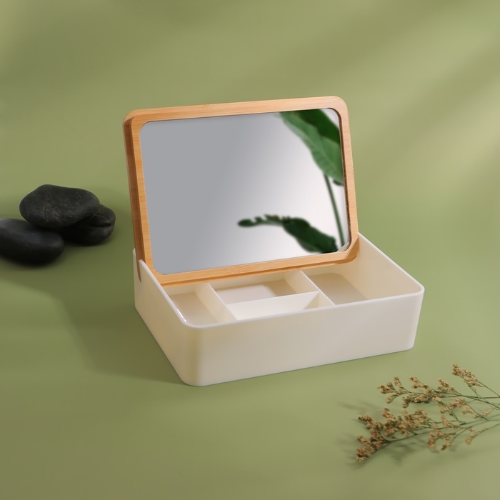 Бокс для хранения косметических принадлежностей «BAMBOO», с зеркалом, 4 секции, 18 × 13 × 5 см, цвет белый/коричневый Бокс для хранения косметических принадлежностей «BAMBOO», с зеркалом, 4 секции, 18 × 13 × 5 см, цвет белый/коричневый