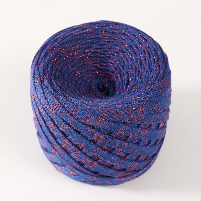 Трикотажная пряжа "Риббон" с люрексом 85м/170&plusmn;5 гр (Сапфир, люрекс: Красный)