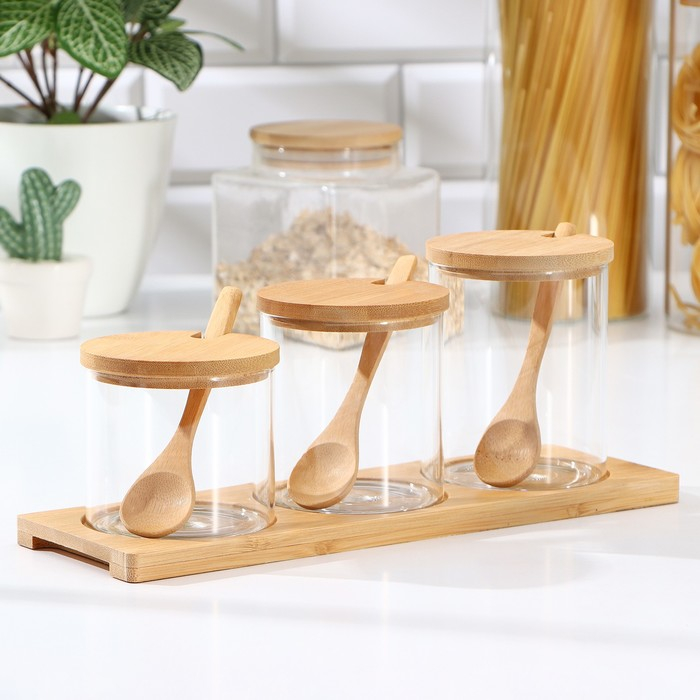 Банки стеклянные для хранения сыпучих продуктов Magistro &laquo;Эко&raquo;, 3 предмета: 220/320/420 мл, с ложками