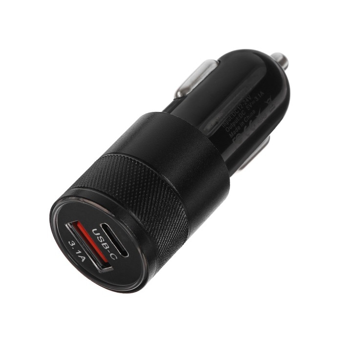 Зарядное устройство Cartage, 12-24 В, USB, Type-C 3.1 А, черный Зарядное устройство Cartage, 12-24 В, USB, Type-C 3.1 А, черный