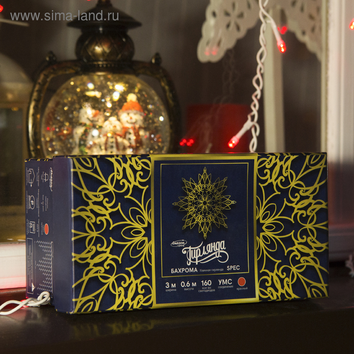 Гирлянда &laquo;Бахрома&raquo; 3 &times; 0.6 м, IP44, УМС, белая нить, 160 LED, свечение красное, мерцание белым, 220 В