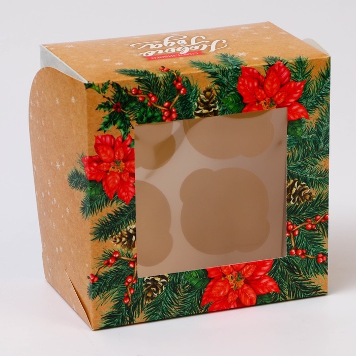 Новый год. Коробка для 4 капкейка с окном "Сладкого Нового года!", 16 х 16 х 10 см, упаковка