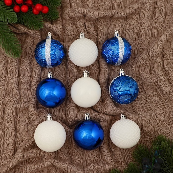 Набор шаров пластик d-5,5 см, 9 шт "Полночь" завитки, синий белый