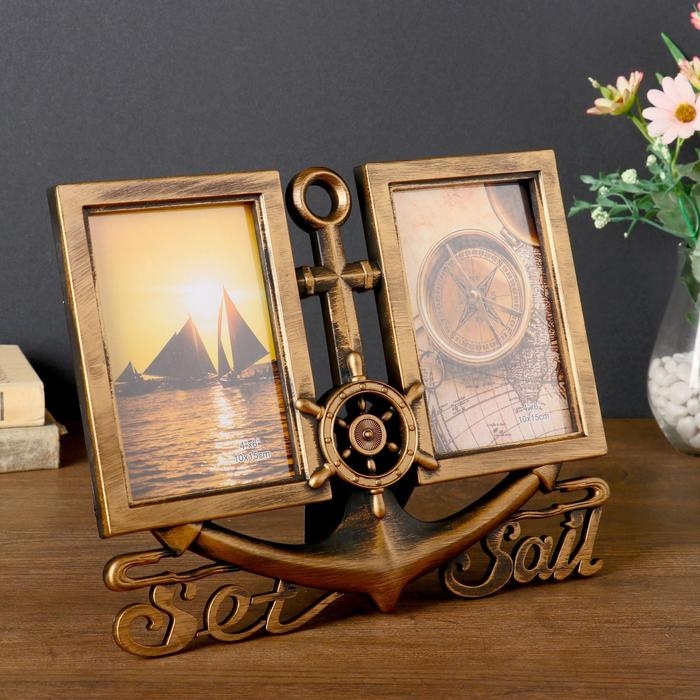 Фоторамка пластик на 2 фото 10х15 см Фоторамка пластик на 2 фото 10х15 см "Якорь" тёмное золото 23х29 см