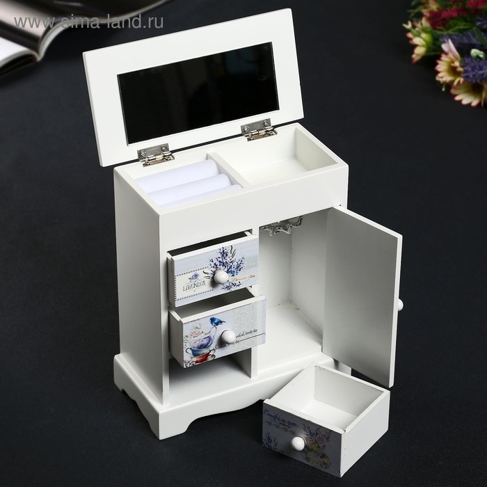 Шкатулка дерево комод 3 ящика+дверка Шкатулка дерево комод 3 ящика+дверка "Синяя птица и лаванда" 19х16х8 см