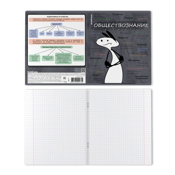 Тетрадь предметная ОБЩЕСТВОЗНАНИЕ, 48 листов в клетку, ErichKrause Тетрадь предметная ОБЩЕСТВОЗНАНИЕ, 48 листов в клетку, ErichKrause "Чубрик", пластиковая обложка, шелкография, блок офсет 100% белизна, инфо-блок