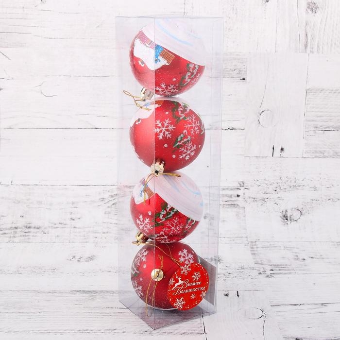 Набор шаров пластик d-7 см, 4 шт Набор шаров пластик d-7 см, 4 шт "Избушка" красный