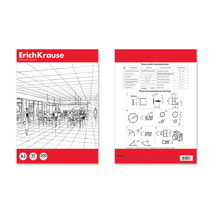 Бумага для черчения А3, 20 листов, блок 200 г/м&sup2;, ErichKrause, без рамки, в папке